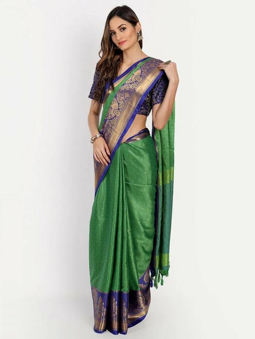 dark green self design woven saree with blouse - 20074980 - Very Small Image - 1