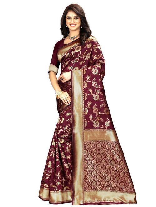 maroon self design woven saree with blouse - 20075048 - Very Small Image - 1