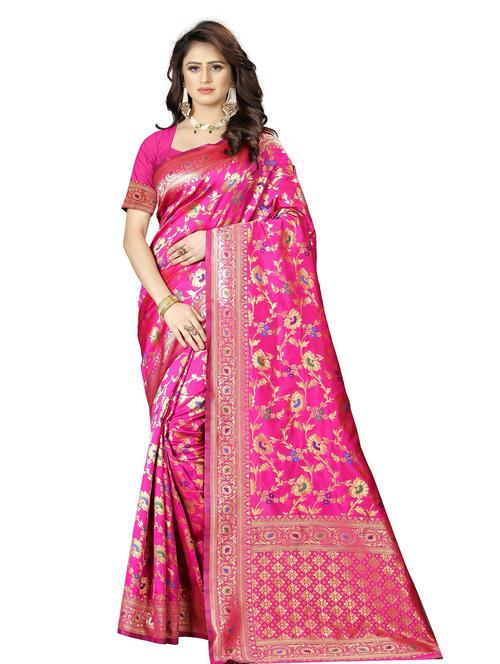 pink self design woven saree with blouse - 20075093 - Very Small Image - 1
