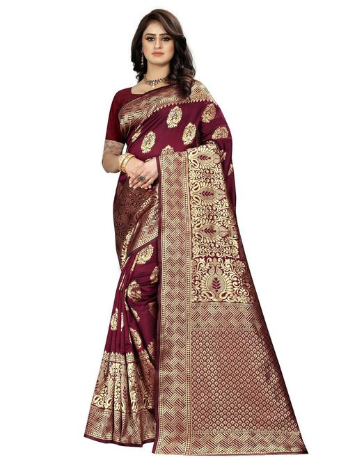 maroon self design woven saree with blouse - 20075159 - Very Small Image - 1