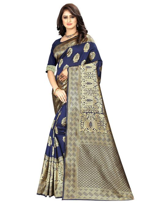 dark blue self design woven saree with blouse - 20075162 - Very Small Image - 1