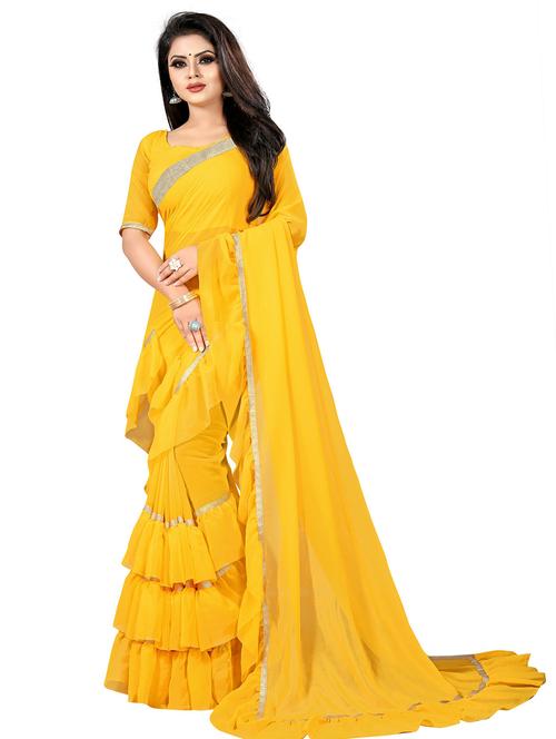 yellow solid with ruflle bordered saree with blouse - 20075324 - Very Small Image - 1