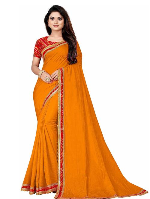 orange solid with bordered saree with blouse - 20075410 - Very Small Image - 1