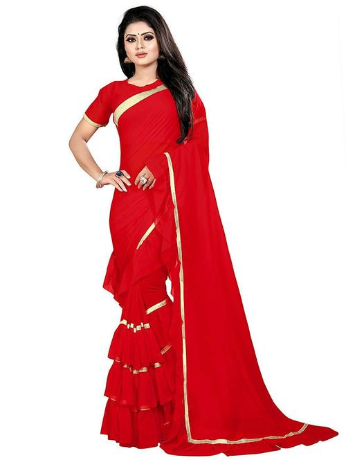 red ruffle saree with blouse piece - 20075659 - Very Small Image - 1