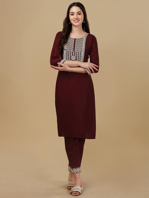 round neck embellished kurta pant set - 20082602 - Very Small Image - 1