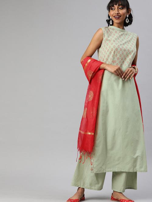 light green printed kurta palazzo set - 20082739 - Very Small Image - 1