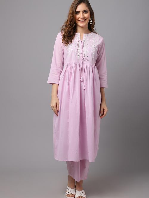 lavender three quarter sleeve kurta pant set - 20082758 - Very Small Image - 1