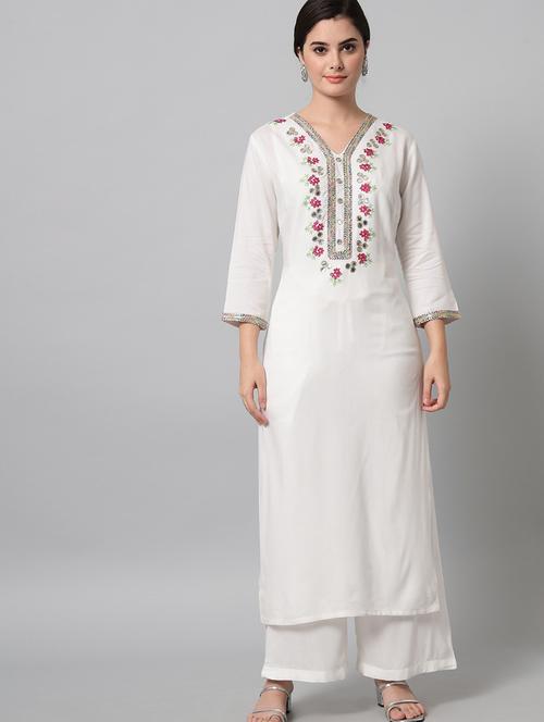 white embroidered kurta palazzo set - 20082779 - Very Small Image - 1