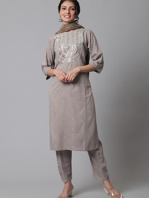 brown printed kurta pant set - 20082781 - Very Small Image - 1