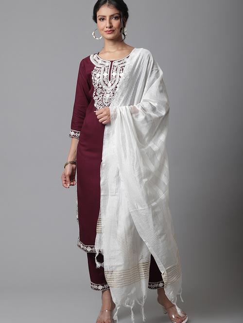 burgundy embroidered kurta pant set - 20082783 - Very Small Image - 1