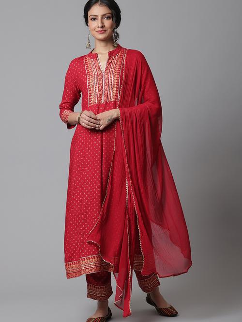 red printed kurta pant set - 20082798 - Very Small Image - 1