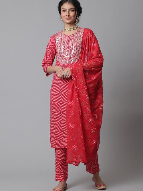 red embroidered printed kurta pant set - 20082802 - Very Small Image - 1