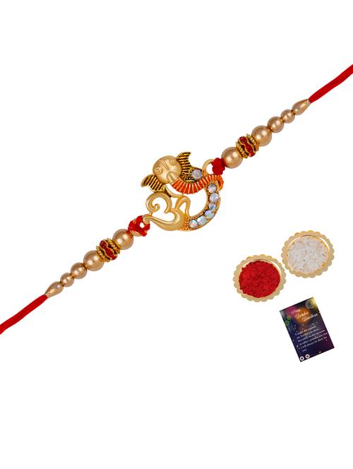 thread rakhi with roli chawal & greeting card - 20082905 - Very Small Image - 1