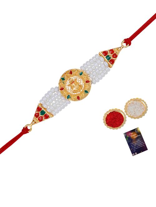 thread rakhi with roli chawal & greeting card - 20082911 - Very Small Image - 1