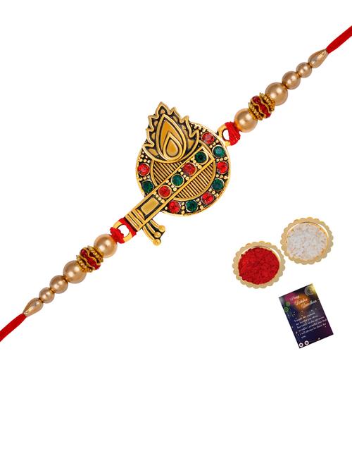 thread rakhi with roli chawal & greeting card - 20082913 - Very Small Image - 1