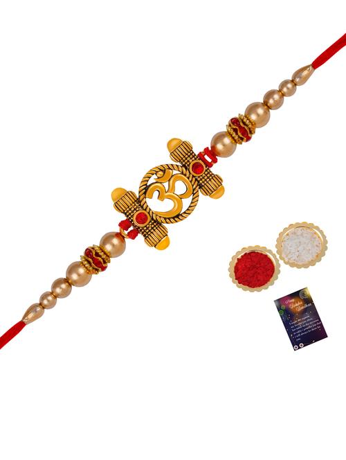 thread rakhi with roli chawal & greeting card - 20082915 - Very Small Image - 1