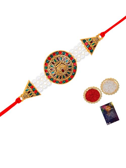 thread rakhi with roli chawal & greeting card - 20082916 - Very Small Image - 1
