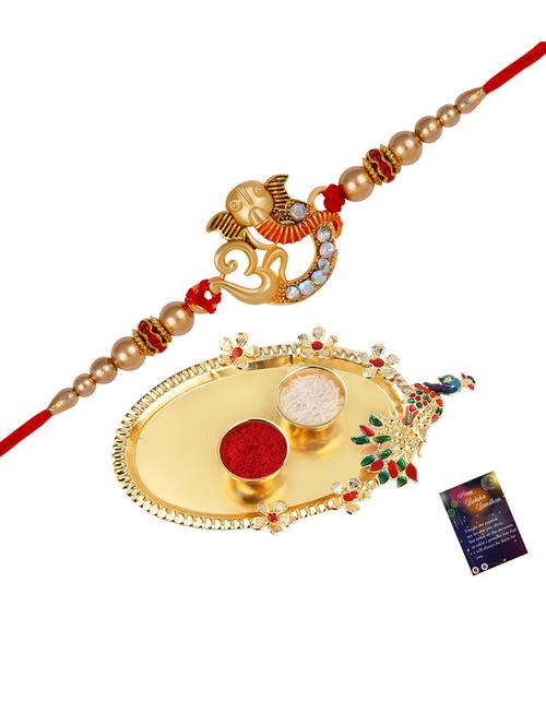 thread rakhi with roli chawal & greeting card - 20082917 - Very Small Image - 1