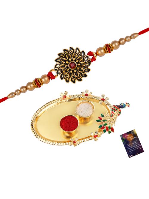 thread rakhi with roli chawal & greeting card - 20082919 - Very Small Image - 1