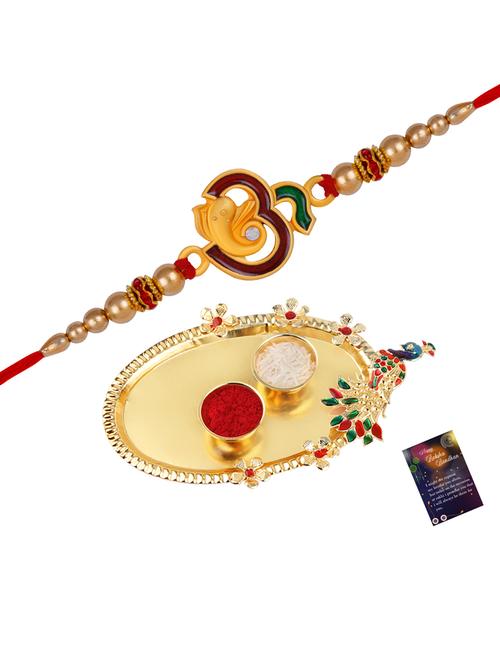 thread rakhi with roli chawal & greeting card - 20082921 - Very Small Image - 1