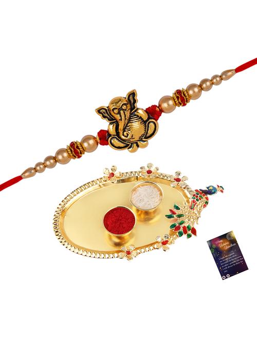 thread rakhi with roli chawal & greeting card - 20082922 - Very Small Image - 1