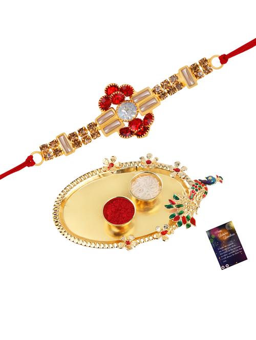 thread rakhi with roli chawal & greeting card - 20082924 - Very Small Image - 1