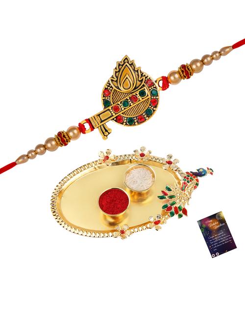 thread rakhi with roli chawal & greeting card - 20082925 - Very Small Image - 1