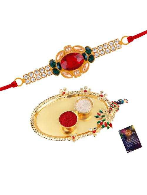 thread rakhi with roli chawal & greeting card - 20082926 - Very Small Image - 1