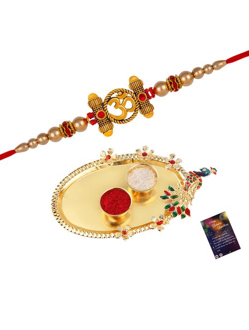 thread rakhi with roli chawal & greeting card - 20082927 - Very Small Image - 1