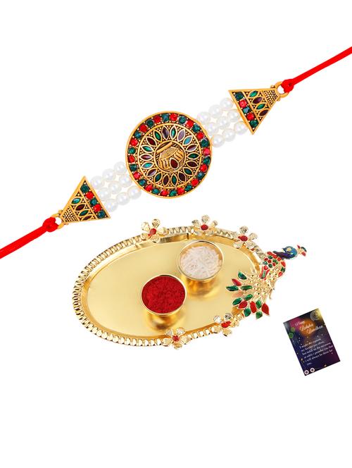 thread rakhi with roli chawal & greeting card - 20082928 - Very Small Image - 1