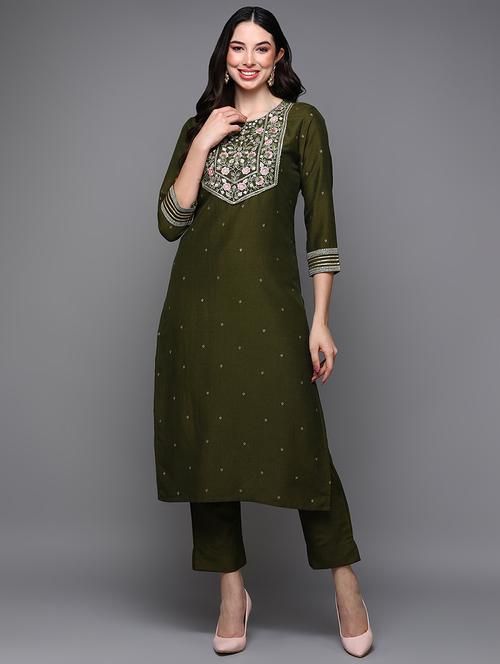 round neck solid kurta pant set - 20083567 - Very Small Image - 1