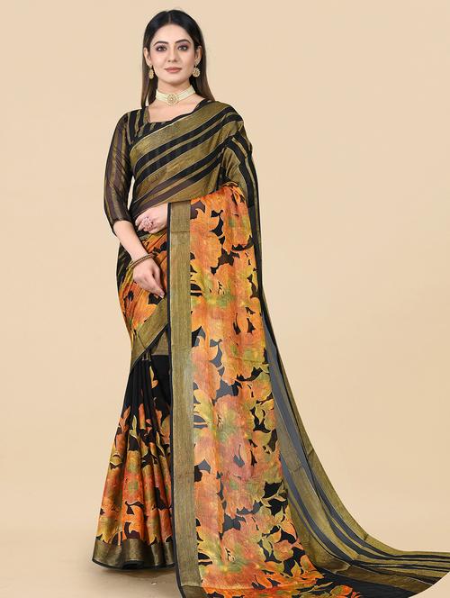 women's printed black colored saree with blouse - 20083919 - Very Small Image - 1
