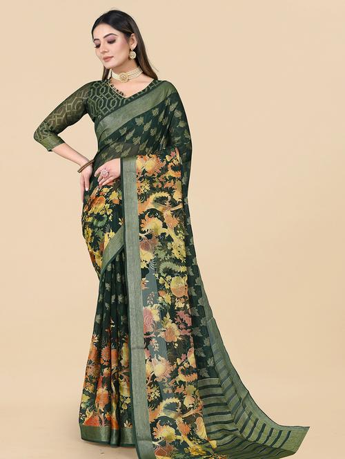 women's floral bottle green colored saree with blouse - 20084721 - Very Small Image - 1