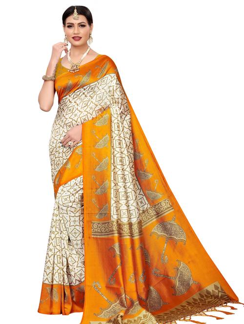 mustard printed woven saree with blouse - 20086357 - Very Small Image - 1