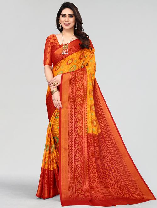orange printed woven saree with blouse - 20086429 - Very Small Image - 1