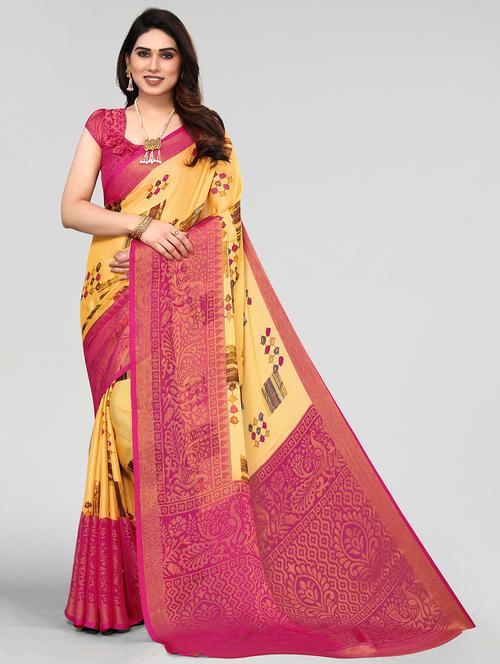 yellow cotton blend dharmavaram saree with blouse - 20086579 - Very Small Image - 1