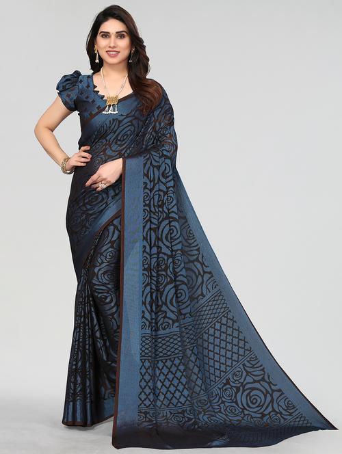 black printed saree with blouse - 20086637 - Very Small Image - 1
