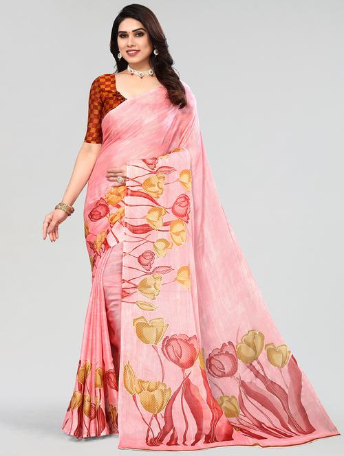 pink printed saree with blouse - 20086673 - Very Small Image - 1