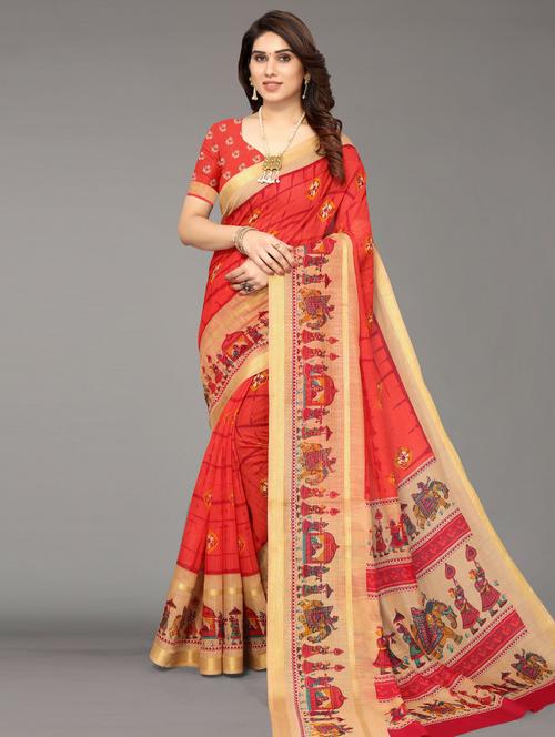 red printed saree with blouse - 20086679 - Very Small Image - 1