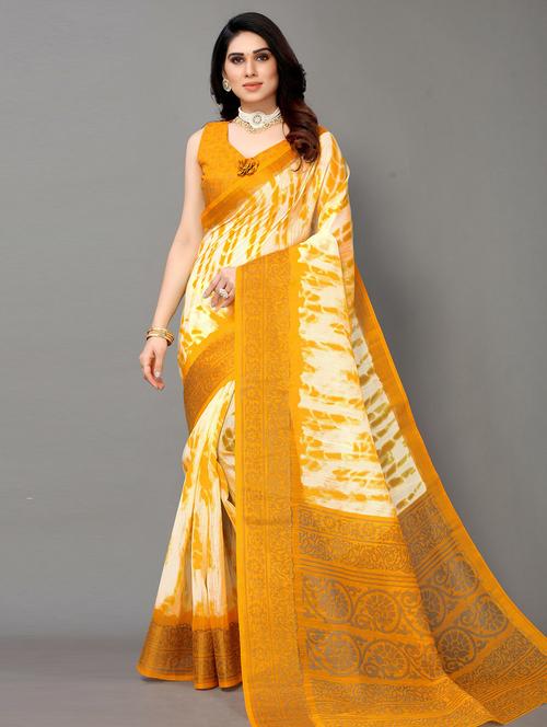 yellow tie & dye printed saree with blouse - 20086697 - Very Small Image - 1