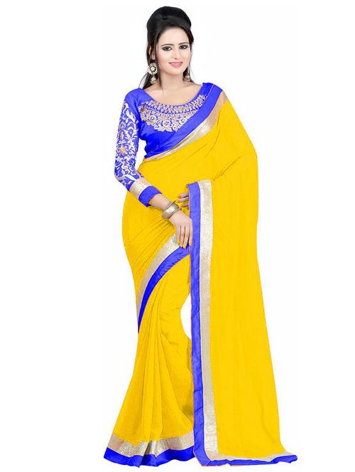 yellow solid with bordered saree with blouse - 20086702 - Very Small Image - 1