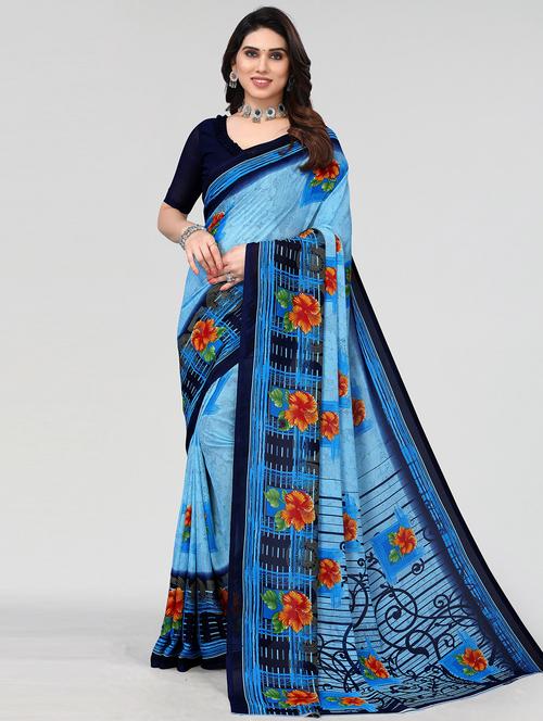 blue printed saree with blouse - 20086730 - Very Small Image - 1