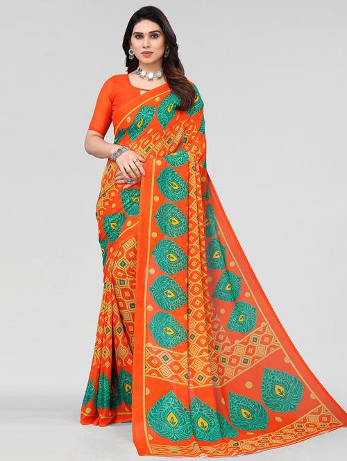 orange printed saree with blouse - 20086734 - Very Small Image - 1