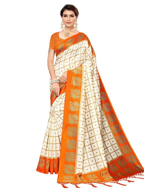 orange checkered printed saree with blouse - 20086768 - Very Small Image - 1