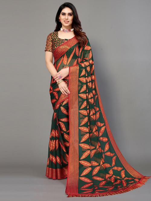 green self design printed saree with blouse - 20086884 - Very Small Image - 1