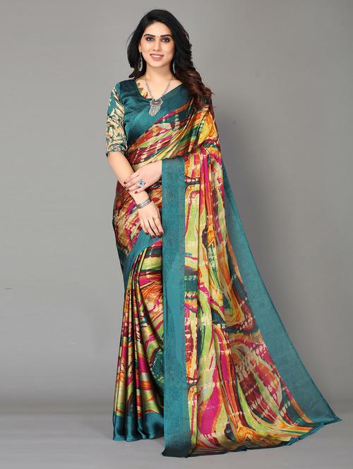 teal printed saree with blouse - 20086917 - Very Small Image - 1