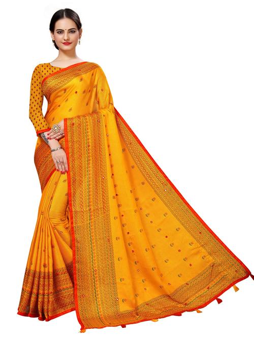 yellow self design woven saree with blouse - 20086973 - Very Small Image - 1