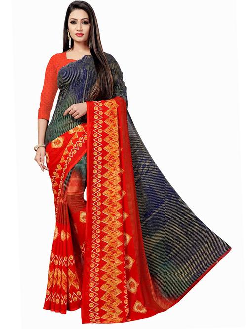 red & blue printed saree with blouse - 20086996 - Very Small Image - 1