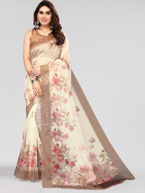 cream printed saree with blouse - 20087004 - Very Small Image - 1