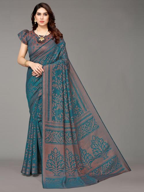 teal green printed saree with blouse - 20087018 - Very Small Image - 1